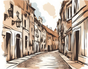 Naklejka premium Old city street in hand drawn sketch style background