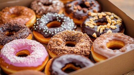 A box of mixed donuts with different toppings like chocolate, nuts, and fruity glazes.