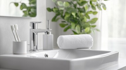 Fototapeta premium A clean and minimalist bathroom sink area with bathroom supplies like a ceramic soap dispenser, a toothbrush holder, and a rolled-up towel.