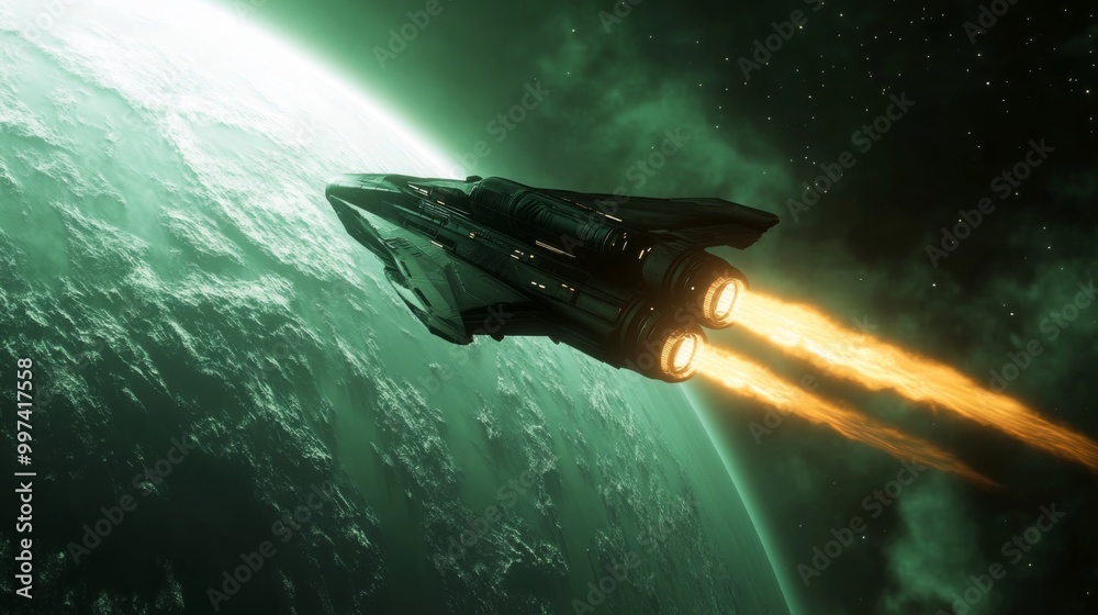 Poster a futuristic spacecraft accelerates away from a vibrant green planet, leaving a trail of flames from