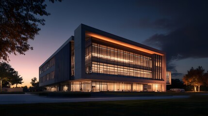 Obraz premium Serene Modern Building at Night with Soft Illuminations