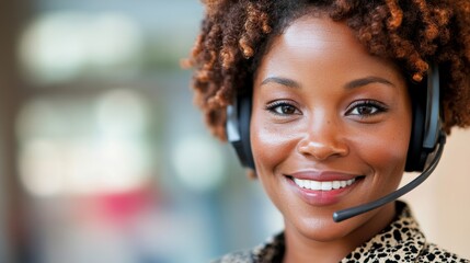 A friendly customer service representative is smiling while engaging with clients through her headset in a modern office setting