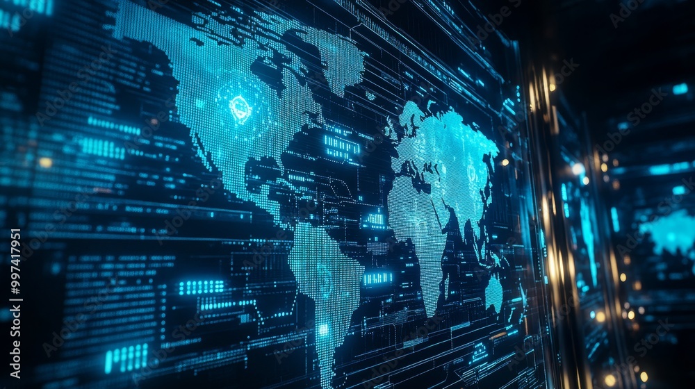 Poster a high-tech digital world map is prominently featured against a futuristic data server background, e
