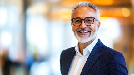 Fototapeta premium A senior businessman walks confidently in a bright lobby, smiling and radiating positivity while dressed in professional attire