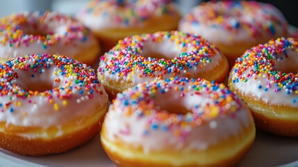 A close-up of frosted donuts topped with rainbow-colored sprinkles, neatly arranged on a platter.