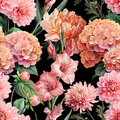 Seamless vector pattern with pink garden flowers isolated on a changeable background. Vintage painting style illustration.