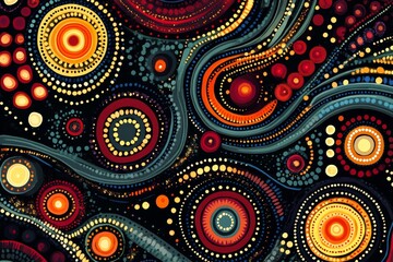 A vibrant aboriginal dot painting depicting swirling patterns and rich colors that celebrate cultural heritage and storytelling