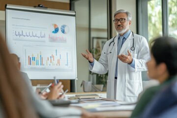 Senior doctor presents data-driven insights to diverse medical professionals in a contemporary office setting