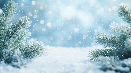 Obraz premium Close up of pine branches covered in fresh snow against a blue bokeh background.
