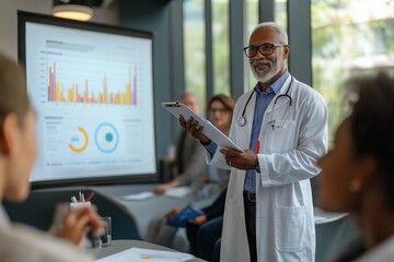 Senior doctor presents data to diverse group of medical professionals at modern conference room during health seminar