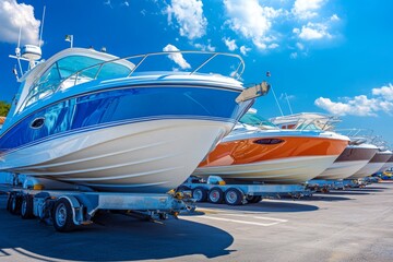Boats for sale or rental in a sunny parking lot outside a boat sports store under a clear blue sky