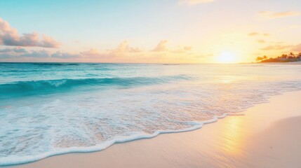 Obraz premium Golden sunlight illuminates the calm ocean waves gently lapping against the soft sand at dawn