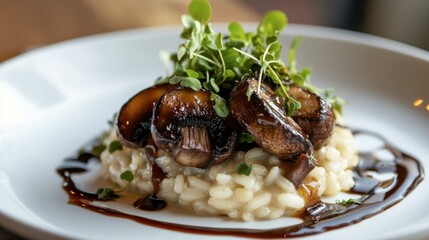 A creative plating of sweet honey mushrooms on a bed of risotto, drizzled with truffle oil and garnished with microgreens.