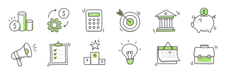 Hand drawn doodle business, money icon set. Finance, money, marketing sketch drawn cute trendy line doodle icon. Business bank, finance calculator, economic goal elements. Vector illustration