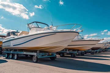 Luxury boats on trailers in a sunny parking lot at a boat sports store ready for sale or rental
