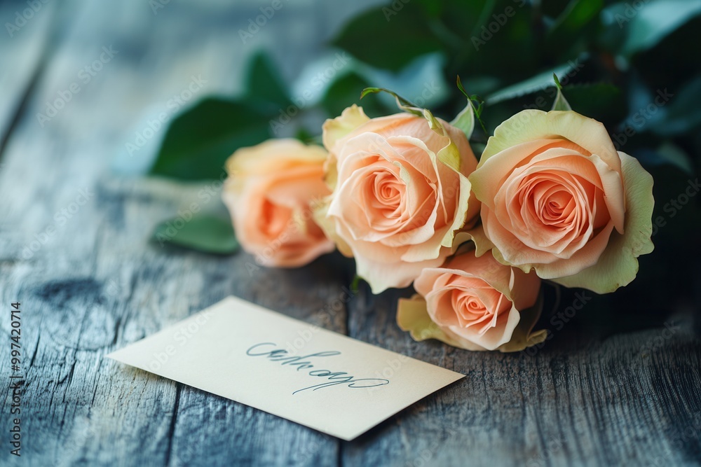 Poster Delicate roses in soft hues rest on a rustic wooden surface beside a charming handwritten note, adding a personal touch to the arrangement. Generative AI