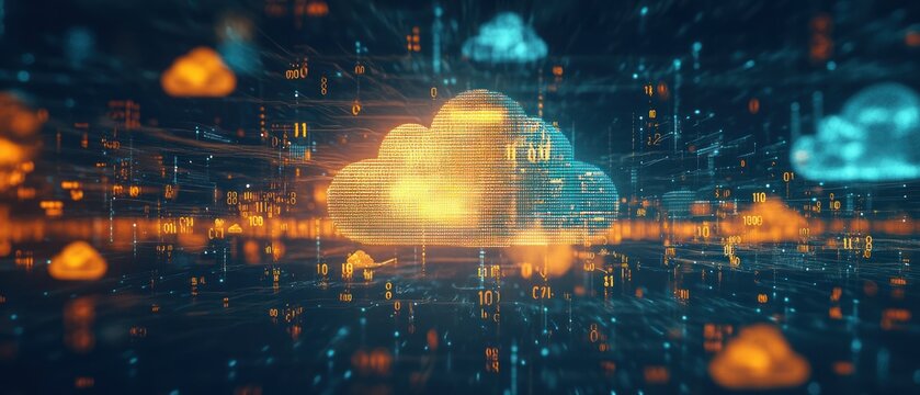 Abstract digital representation of cloud computing with data streams and glowing clouds.
