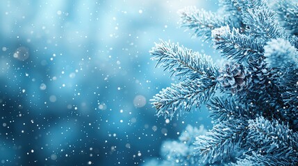 Close-up of a frosted pine branch with snow falling in the background.