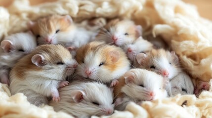 A group of baby hamsters cuddled up together in a warm nest of soft bedding.