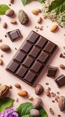 Chocolate Box with Nuts and Leaves Top View