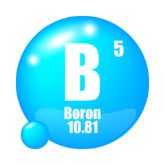 Boron element symbol. Atomic number five. Blue glossy icon. Chemical element representation.