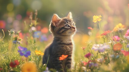 Obraz premium A kitten sitting in a field of wildflowers, surrounded by colorful blooms and looking serene.