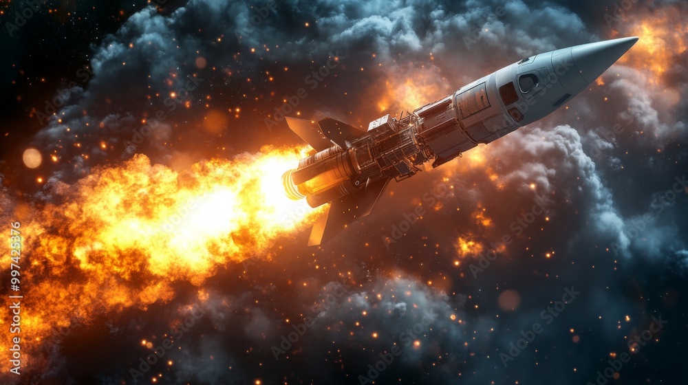Poster a rocket is soaring through the night sky, surrounded by dense clouds and emitting a trail of bright