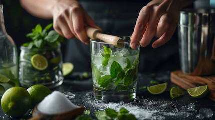 Mixing Mojito. Food and Beverages Menu Recipe Concept.