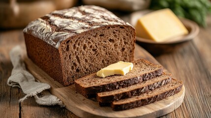 A loaf of traditional rye bread, cut into slices, with a spread of butter and cheese.
