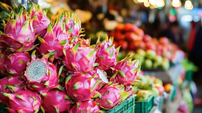 A market stall overflowing with colorful Thai dragon fruits, highlighting their exotic pink and white interior.