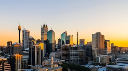 Naklejka premium Vibrant City Skyline at Sunset with Warm Glow