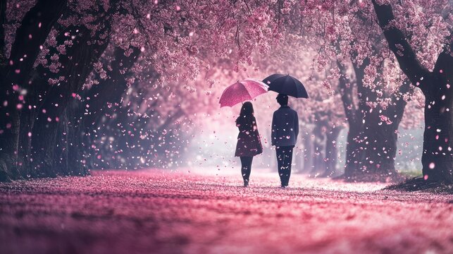 A romantic scene of a couple walking under umbrellas amidst cherry blossoms.