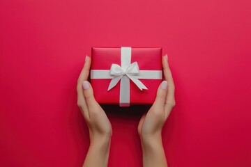 Elegant Hands Holding a Red Gift Box with Ribbon