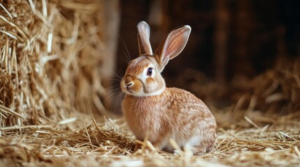 Obraz premium A rabbit sitting on a bed of straw with its ears flopping to the side, looking relaxed.