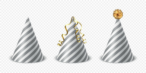 Vector 3d Realistic Grey and White Birthday Party Hat Icon Set Isolated. Party Cap Design Template for Party Banner, Greeting Card. Holiday Hats, Cone Shape, Front View