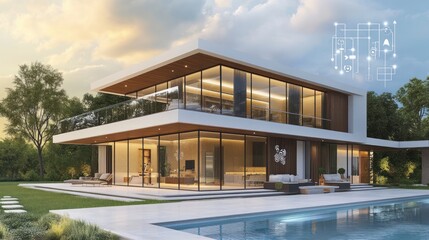 Fototapeta premium Modern house with large windows, pool, and landscaped garden.