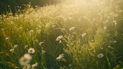 Bright wildflowers create a colorful tapestry across the summer meadow while long grass sways...