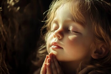 A small child prays with hope and closed eyes, seeking comfort and guidance in a moment of quiet reflection