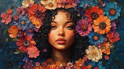 captivating portrait of a woman surrounded by an explosion of colorful flowers blending realism and abstract elements in a trendy paper collage style that radiates vibrancy and joy