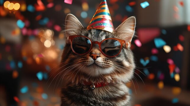 cat wearing a party hat and sunglasses exuding joy and celebration surrounded by colorful confetti ideal for a cheerful anniversary theme