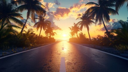A serene road lined with palm trees leading to a vibrant sunset over the ocean.
