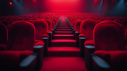 image showcases vibrant cinema interior with rows of plush red seats leading towards dimly lit screen, creating inviting atmosphere for moviegoers.