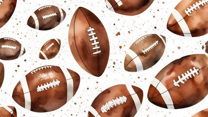 Hand drawn watercolor seamless pattern American football balls. Repeated background in retro style. Sport pattern.