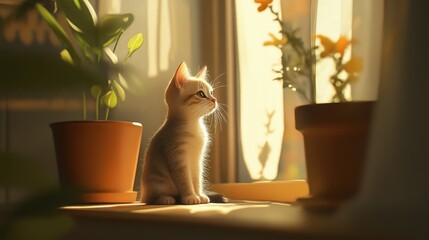 A small cat sitting in a sunny spot by the window, basking in the warmth of the sunlight.