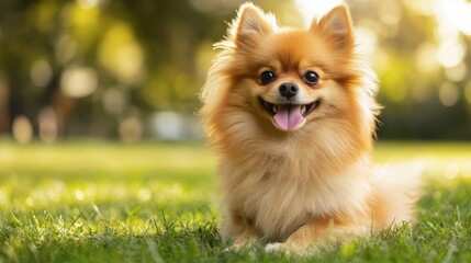 A small, fluffy dog sitting on a grassy field with its tongue out and tail wagging happily.
