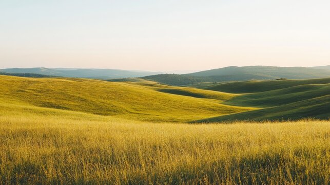 The expansive grassy hillside features gently sloping terrain that descends toward the horizon, showcasing rolling hills bathed in warm sunset light