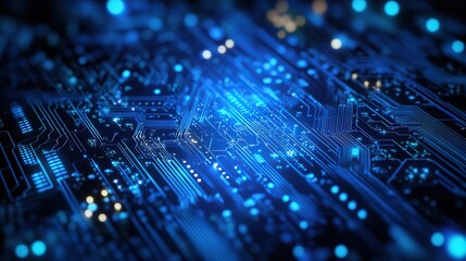 Abstract circuit board with glowing blue elements.