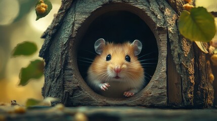 A tiny hamster peeking out of its little house, looking out with wide, curious eyes.