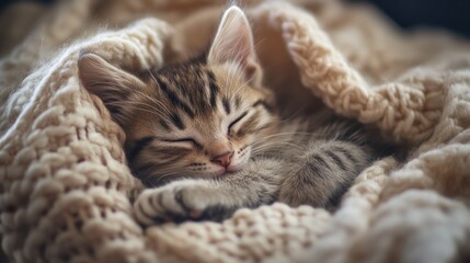 A tiny kitten curled up in a cozy blanket, peacefully sleeping with its paws tucked under its chin.