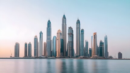 Obraz premium Panoramic View of Iconic Dubai Skyline at Sunset